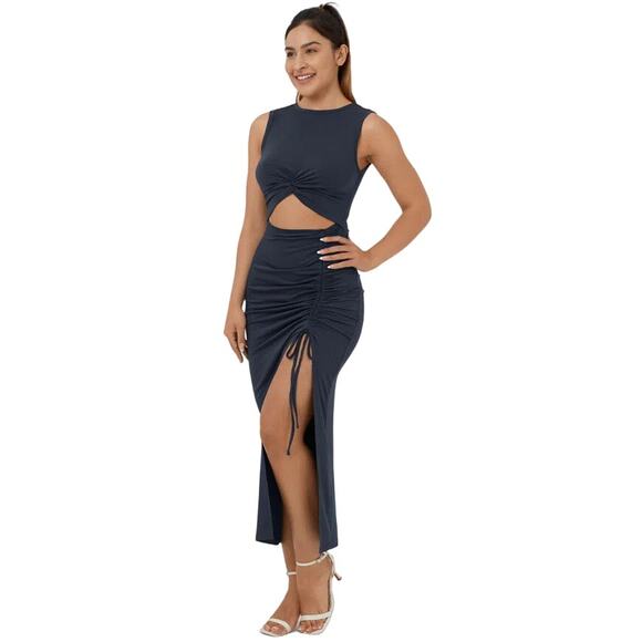 HALARA Twisted Cut Out Ruched Drawstring Split Hem Bodycon Dress Blue L NEW - Picture 3 of 8